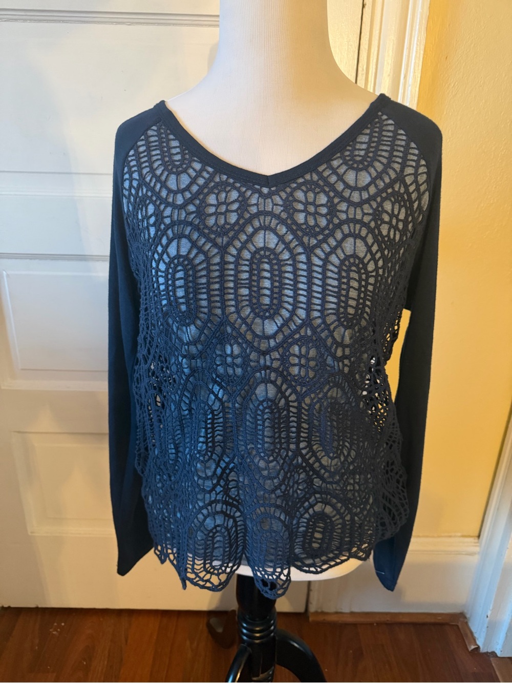 Democracy Crochet Front Long Sleeve Sweater